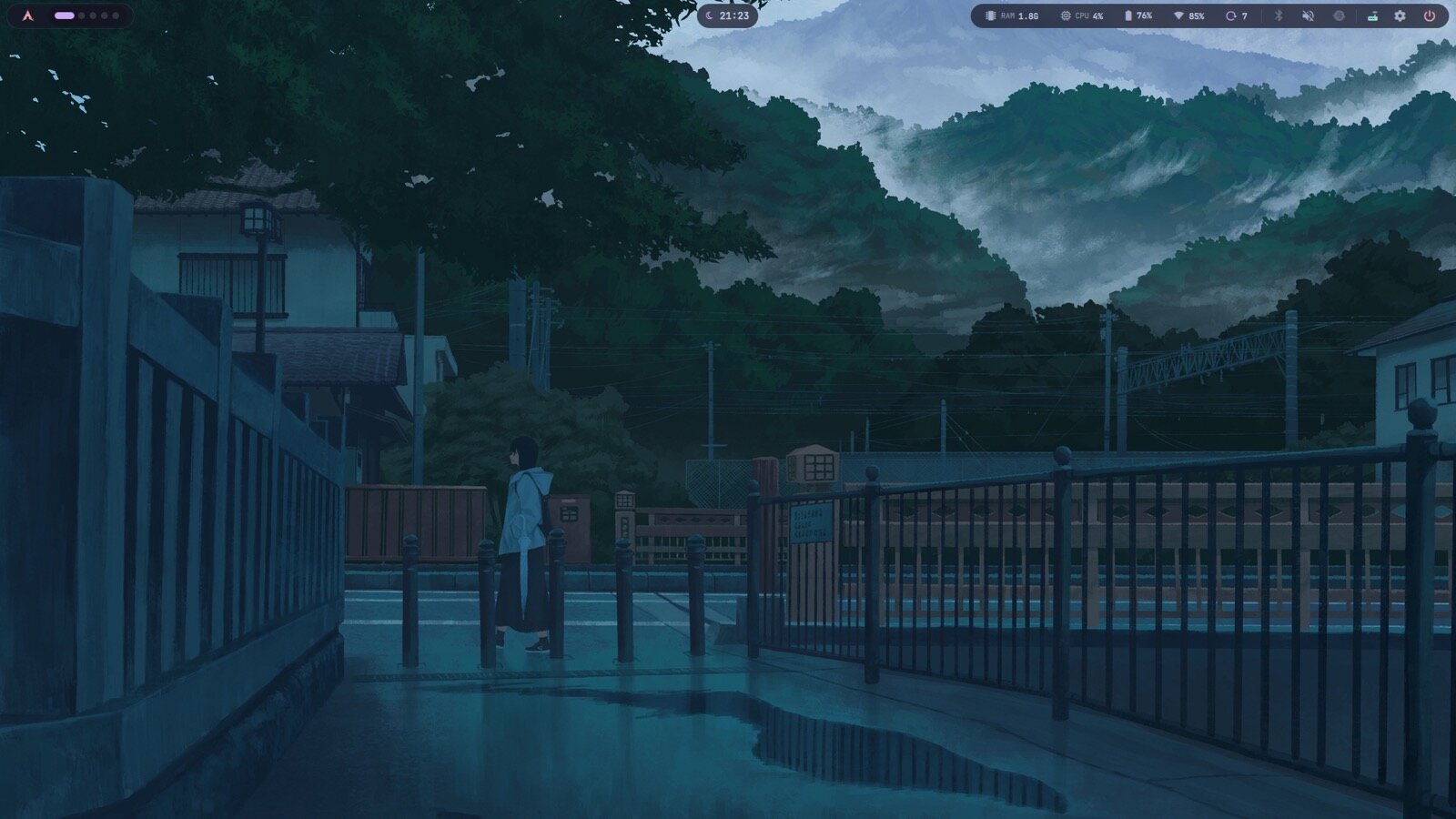 Moonlit Shell running on Arch Linux with its custom top panels over a nocturnal landscape